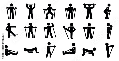 Fitness and exercise icons set – silhouette, solid, workout and gym symbols