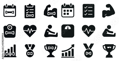 Fitness and exercise solid icons set – filled, silhouette, workout and health symbols