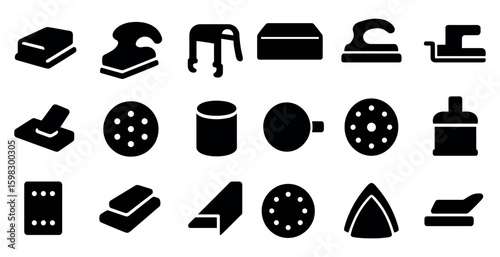 Cleaning tools solid icons set – filled, housekeeping, sanitation symbols