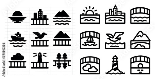 Sunset and sea silhouette icons set – ocean, maritime, nautical symbols