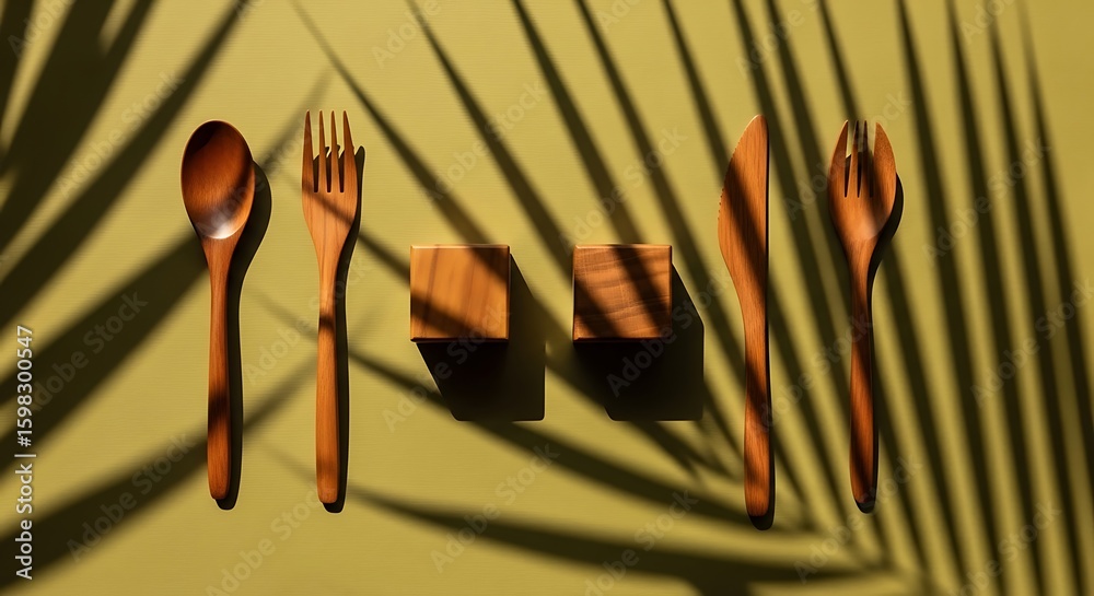 Wooden utensils and napkin rings under palm leaf shadows Wooden utensils and napkin rings under palm leaf shadows