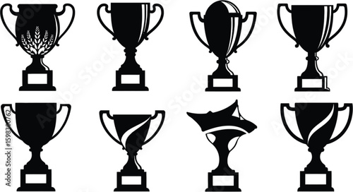 Vector art of black trophy silhouettes isolated on white background represent winning and competitive achievement in various forms