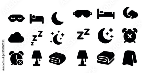 Sleep and rest icons set – solid, filled, dream and relaxation symbols