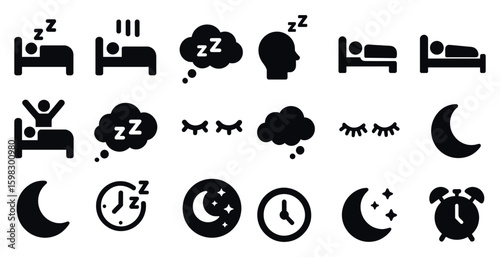 Sleep and relaxation solid icons set – filled, bedtime, night symbols