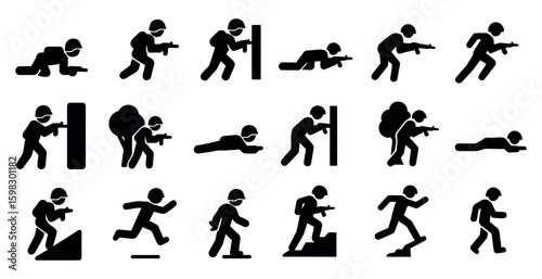Military tactics silhouette icons set – solid, filled, strategy and combat symbols