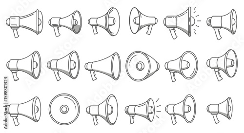Megaphones icons set, black and white design
