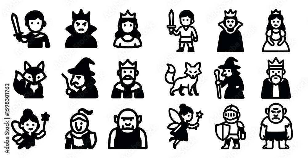 Obraz premium Fairy tale and medieval silhouette icons set – solid, filled, fantasy characters