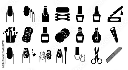 Nail polish salon icon set in black and white. Included the icons as finger, toe separator, coat, remover pad, glaze, paint, nail art and more
