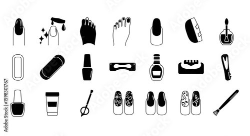 Nail polish salon icon set in black and white. Included the icons as finger, toe separator, coat, remover pad, glaze, paint, nail art and more

