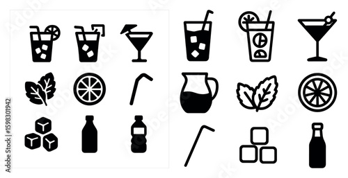 Beverage and cocktail solid icons set – drinks, filled, refreshment symbols