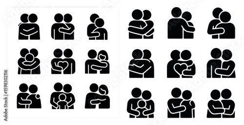 Hugging and friendship solid icons set – filled, silhouette, relationship symbols