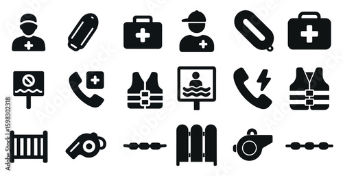 Lifeguard safety silhouette icons set – solid, outline, rescue and emergency symbols