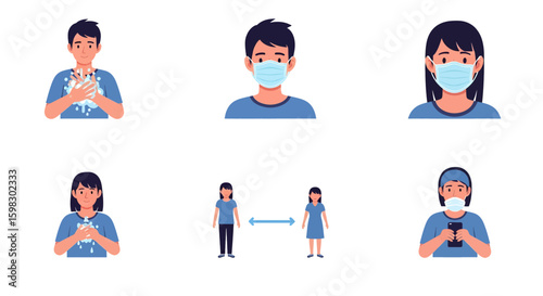 Recommendations for the prevention of viral infectious diseases. Preventive measures to maintain health. Wash your hands, use a mask, keep your distance and isolate yourself. Isolated vector elements
