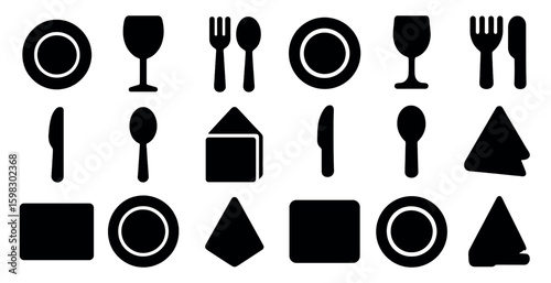 Dining and kitchen solid icons set – filled, silhouette, cutlery and tableware symbols