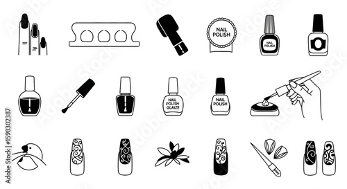 Nail polish salon icon set in black and white. Included the icons as finger, toe separator, coat, remover pad, glaze, paint, nail art and more
