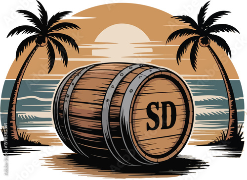 Rustic Vintage Logo Design with Whiskey Barrel and Beach Scene | Barrels & Beaches