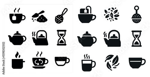 Tea and coffee silhouette icons set – solid, filled, beverage and drink symbols
