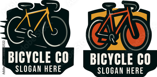 Two bicycle company logo designs featuring stylized road bikes and slogan placeholder.