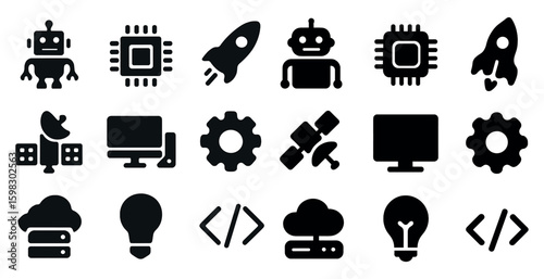 Technology and robotics solid icons set – filled, gadgets, innovation symbols