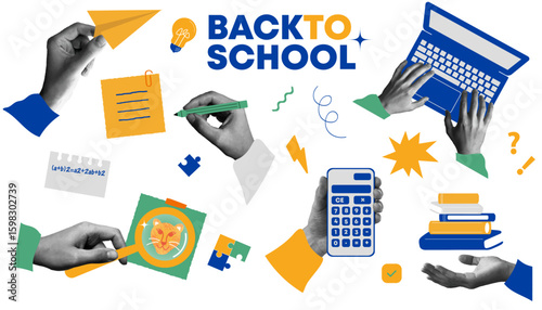 Back to school halftone collage elements set. Trendy collage with halftone hand holding calculator, laptop, books stack and school supplies. Vector illustration