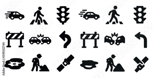 Traffic and safety icons set – solid, filled, road and construction symbols