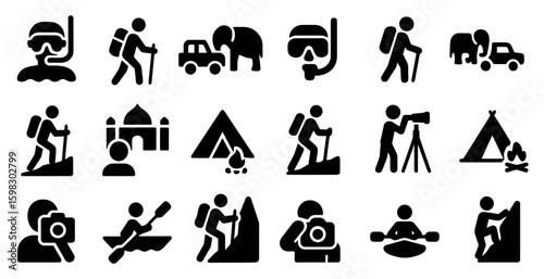 Travel and adventure silhouette icons set – exploration, hiking, camping symbols