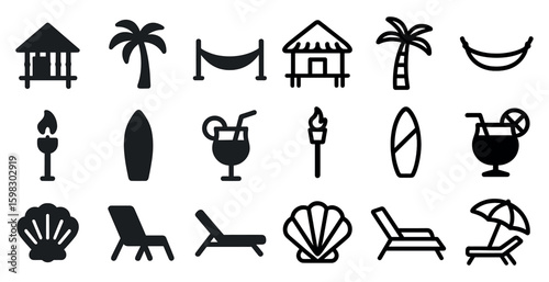Tropical vacation solid icons set – beach, holiday, travel symbols
