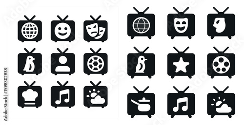 Media and entertainment silhouette icons set – solid, filled, tv and multimedia symbols