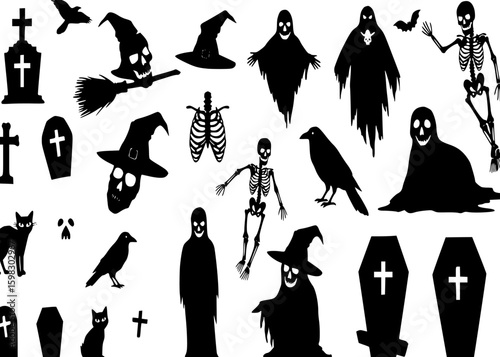 Horror silhouettes. Scary halloween decor skulls and skeletons, witch hats, black cats, crows and graveyard coffins. Spooky house vector set

