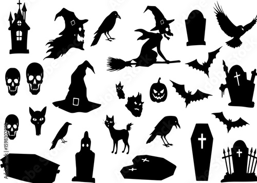 Horror silhouettes. Scary halloween decor skulls and skeletons, witch hats, black cats, crows and graveyard coffins. Spooky house vector set
