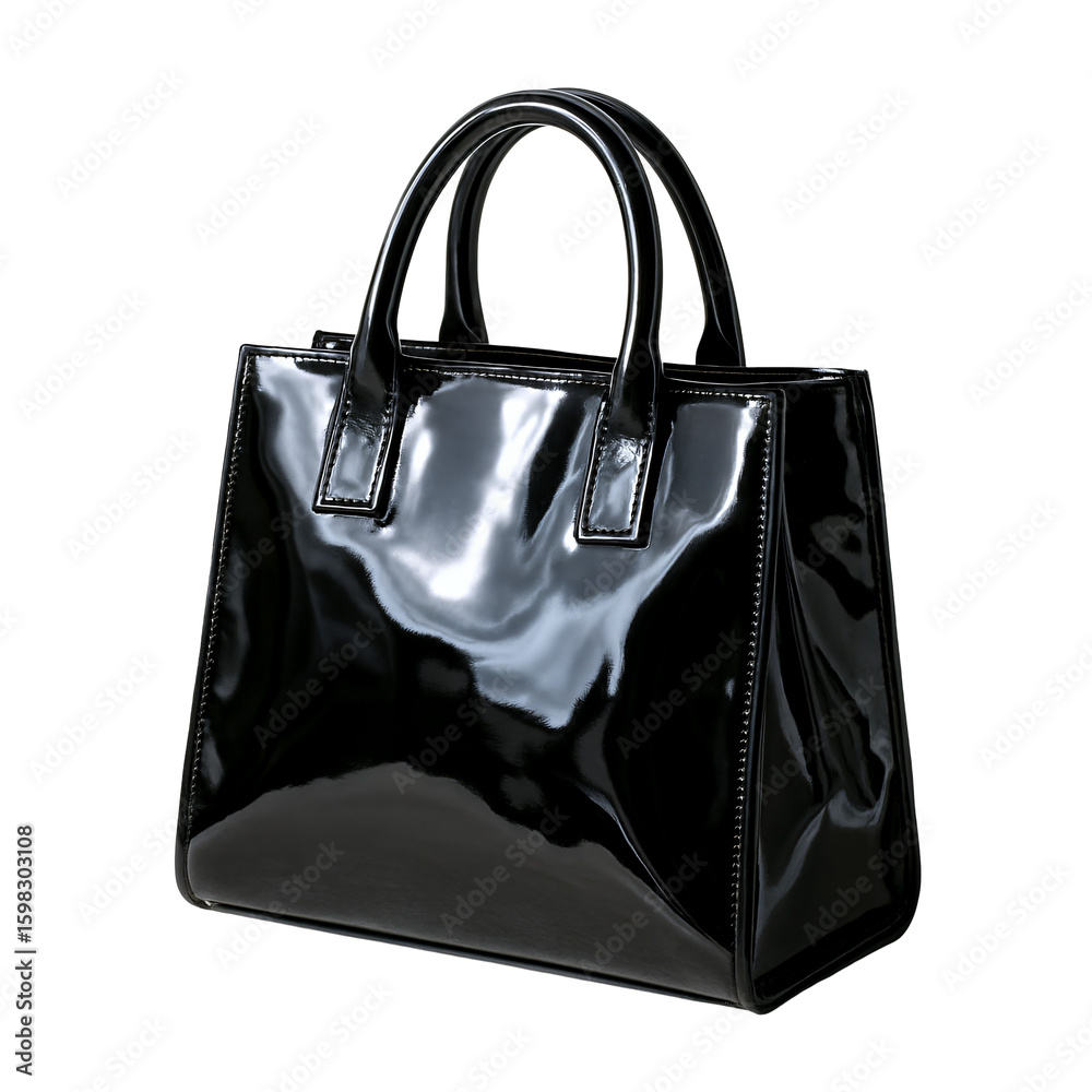 Fototapeta premium Elegant black patent leather handbag with glossy finish and sturdy handles.