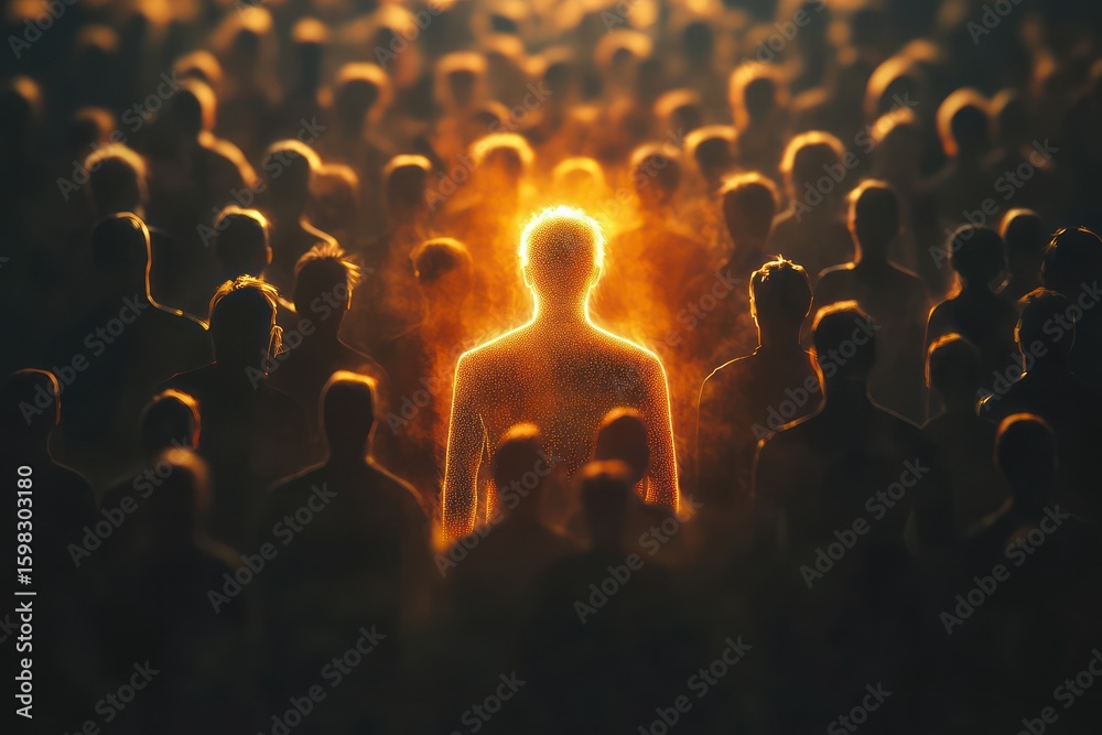 Obraz premium Unique Glowing Figure Among Crowd Symbolizing Confidence