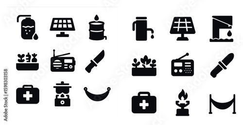 Sustainable technology and energy solid icons set – eco, green, renewable resources