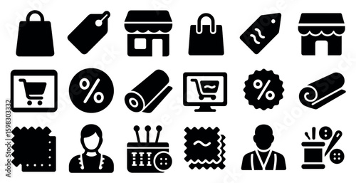 Shopping and retail silhouette icons set – solid, filled, commerce and marketing symbols