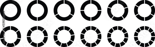 Circle divides on 1 to 9 equal parts. Wheel round diagram part symbol. Infographic element round shape, Circle semicircle quarter shapes. Black segmented circle set. 