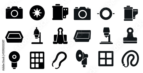 Photography and camera solid icons set – filled, silhouette, photo equipment symbols