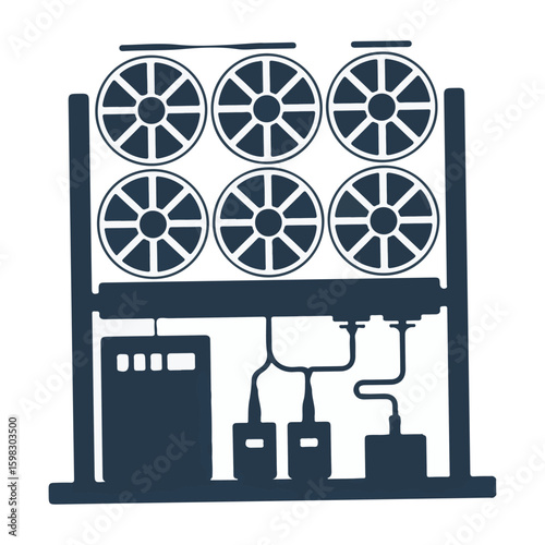 Industrial cooling system with multiple large fans and complex piping network for efficient heat dissipation