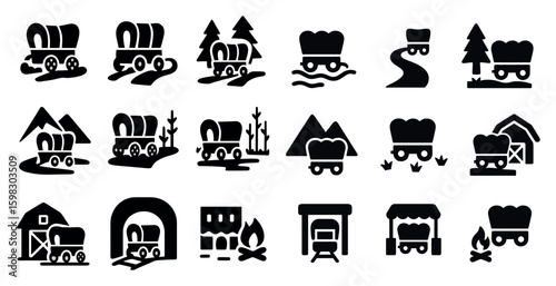Pioneer wagon icons set – silhouette, solid, historical vintage symbols for design