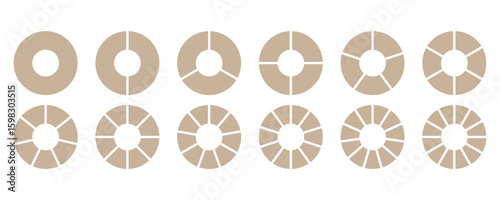Pie chart set. Circles divided into parts from 1 to 24. round Business Financial Report. Colored pie chart set. circular shape sectors on white background. 