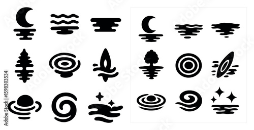 Nature and adventure silhouette icons set – filled, solid, outdoor and travel symbols