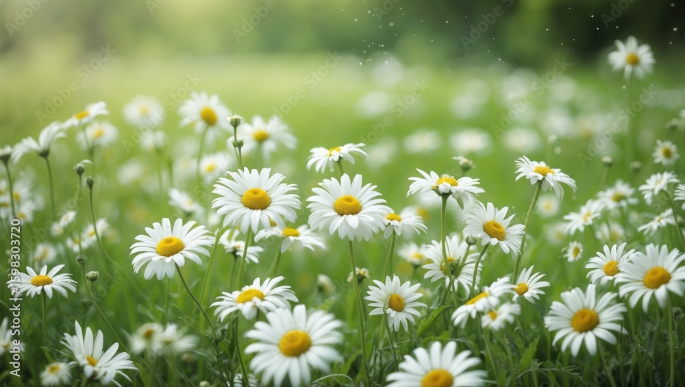 Fototapeta premium A field of daisies in bloom during daylight with green foliage and grass in the background.