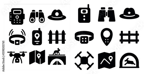 Surveillance and security solid icons set – filled, monitoring, protection symbols