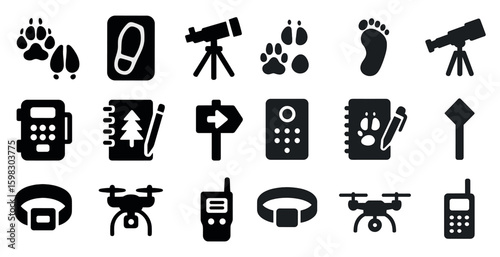 Outdoor exploration silhouette icons set – solid, filled, adventure and trekking symbols