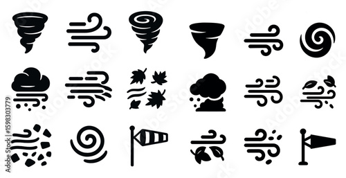 Weather conditions solid icons set – filled, climate, atmospheric symbols