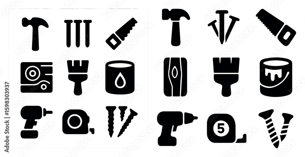 Fototapeta premium Construction tools solid icons set – filled, repair and diy equipment symbols
