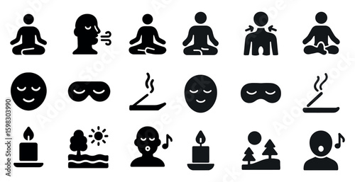 Meditation and relaxation icons set – filled, solid, mindfulness and wellness symbols