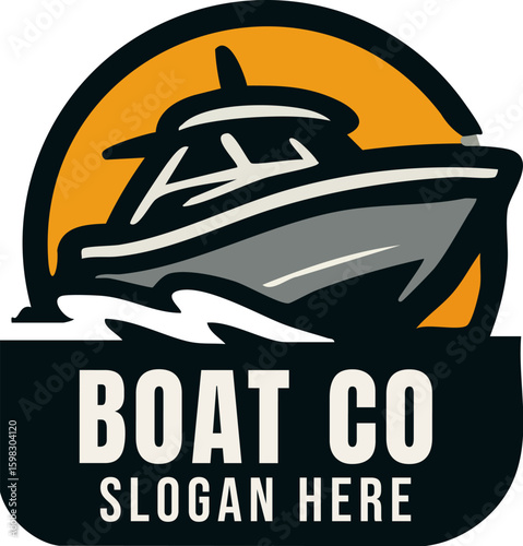 Modern motorboat logo emblem with a dynamic wake and orange sun circle.