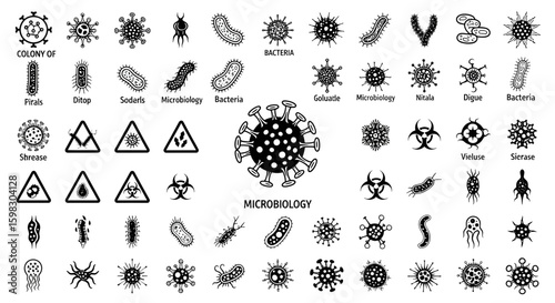 Virus icon set. Included icons as Colony of Bacteria, Bacteria, microbiology, biohazard, disease and more.black and white vector high resolution design
