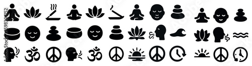Meditation and relaxation icons set – solid, filled, mindfulness and wellness symbols