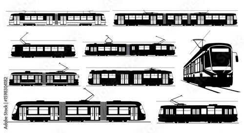 set of Tram city vehicle silhouette black and white vector illustration isolated on a white background
